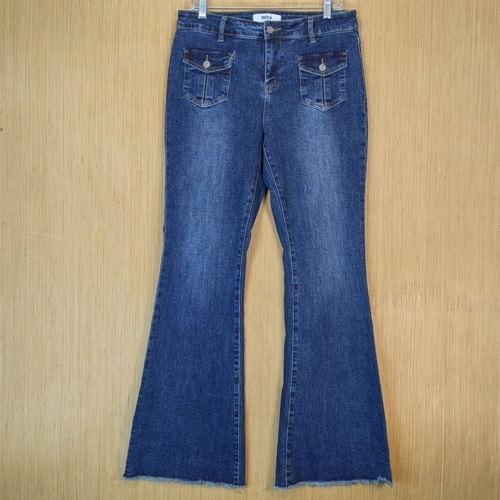 Mica Denim Womens Boho Retro Festival High Rise Flare Jeans Raw Hem Size 30 32